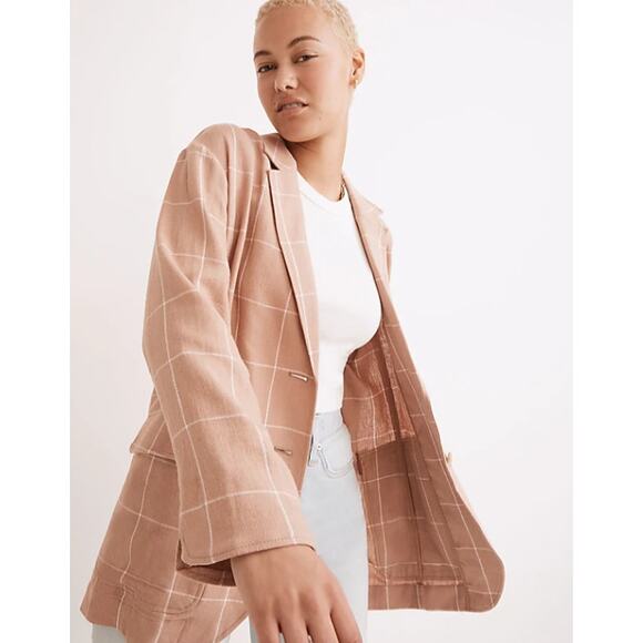 Madewell Breezewoven Larsen Blazer in Windowpane Size M Linen Blend Sandstone - Picture 1 of 7